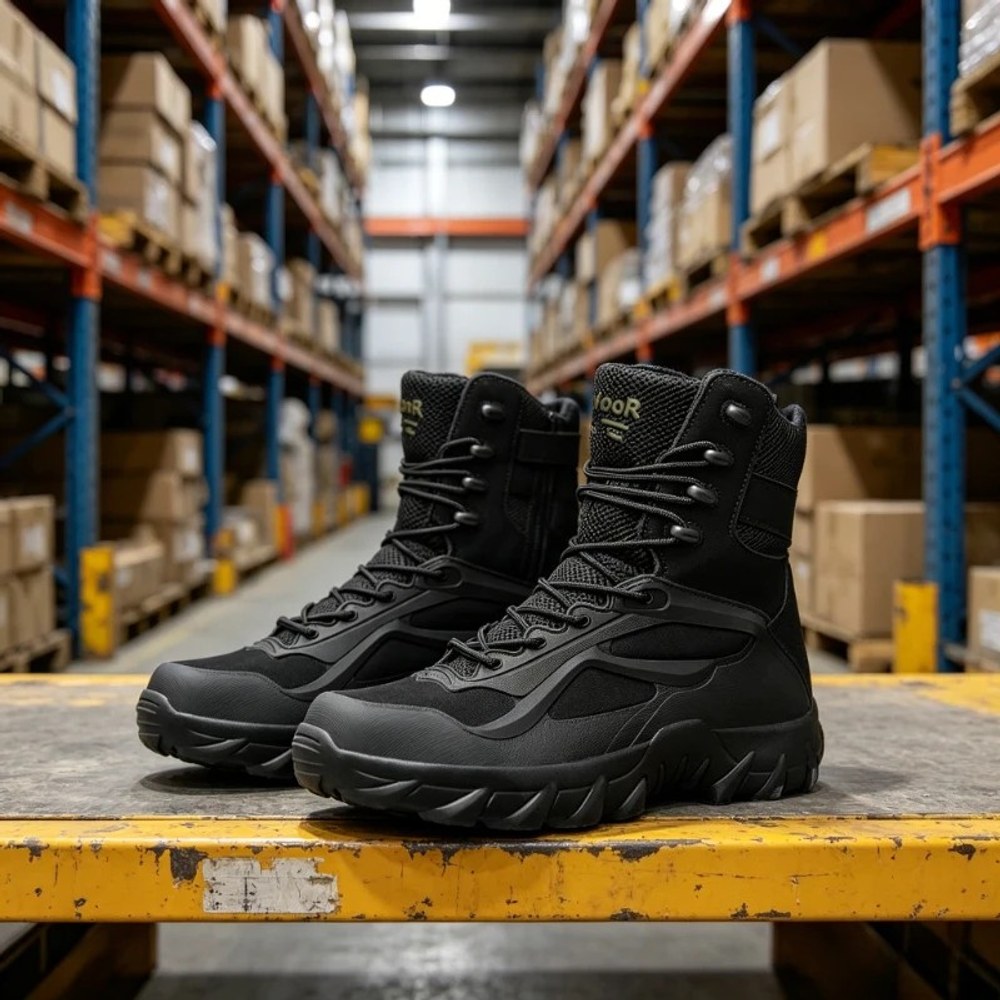 Black high lace-up boots side by side on a yellow pallet rack, front view of the toe and laces