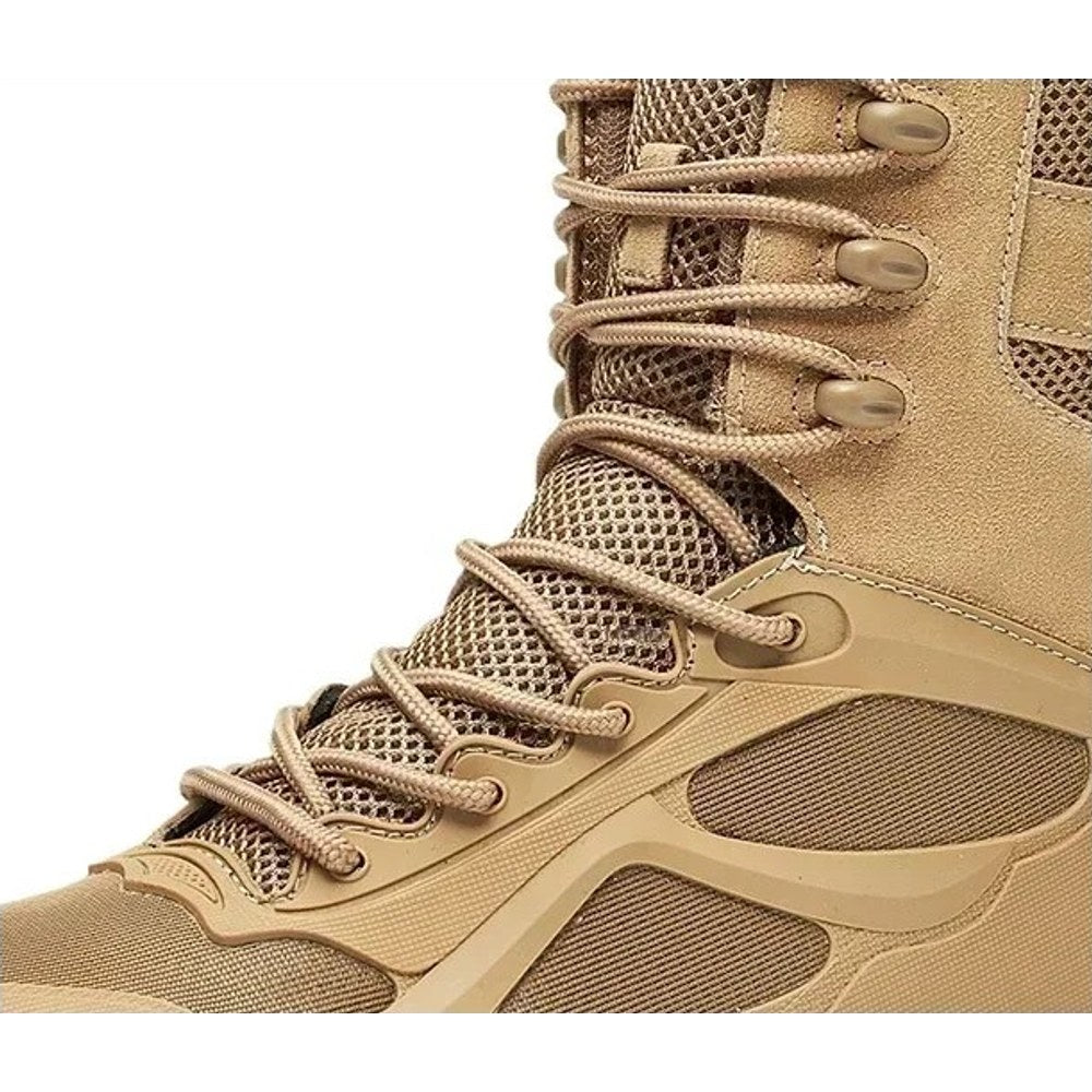 Close-up of the sand boot lacing: round laces through eyelets and lace hooks over a mesh tongue