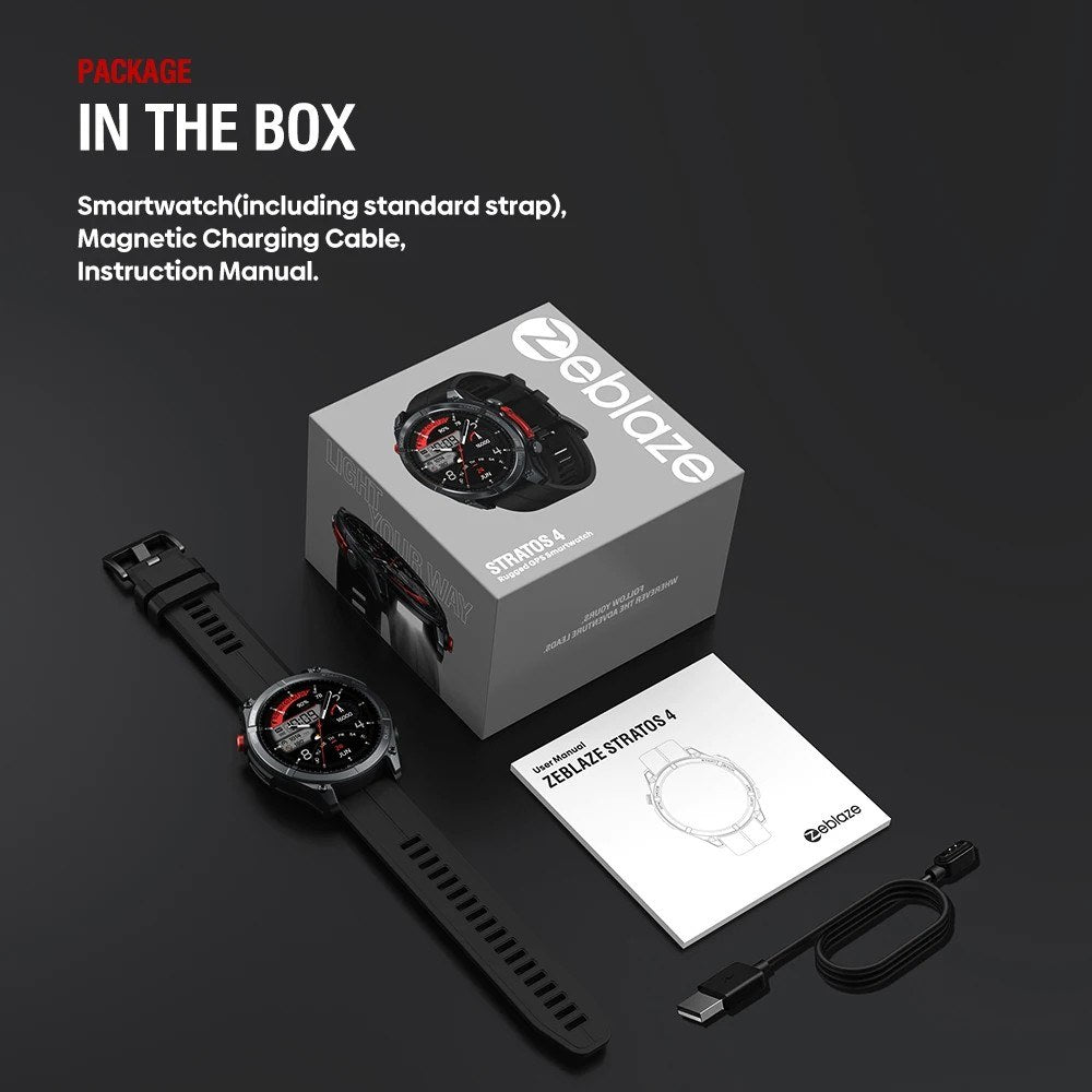 What comes in the box: Stratos 4 watch on its strap, magnetic charging cable, instruction manual and the retail box