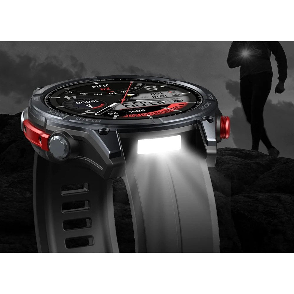 Zeblaze Stratos 4 side view with the LED torch in the side of the case switched on