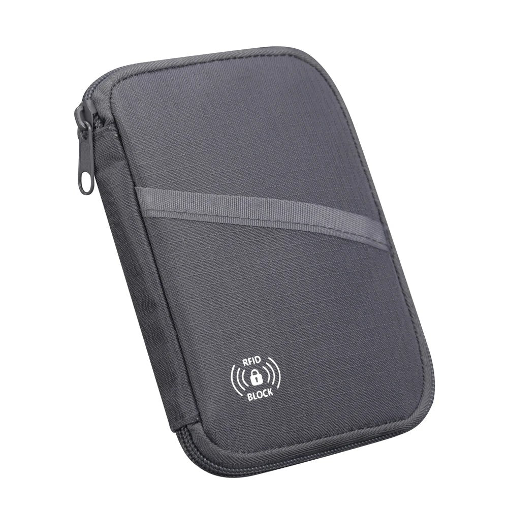 Grey zip passport pouch with a light grey diagonal front pocket
