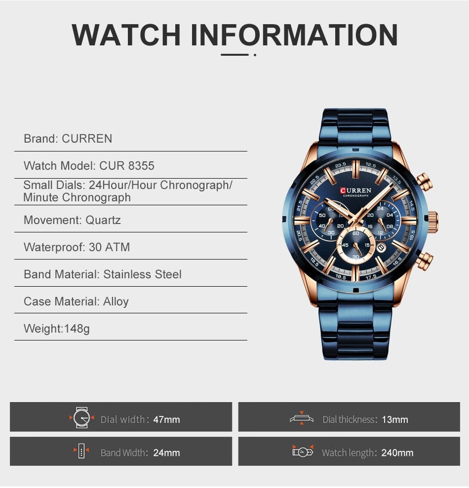 CURREN 8355 Luxury Sports Quartz Waterproof Watchs  BushLine
