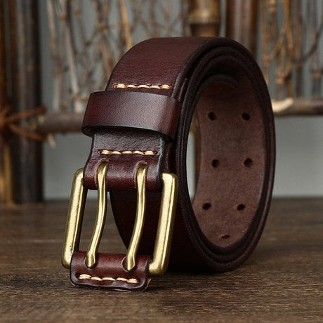 Wide Genuine Leather Belt Double Needle Buckle belts BushLine Coffee 105CM 
