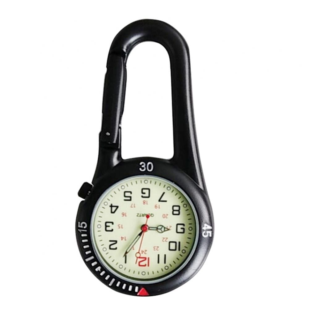 Close view of the black model's dial, showing the ticked bezel, red index triangle and clip gate