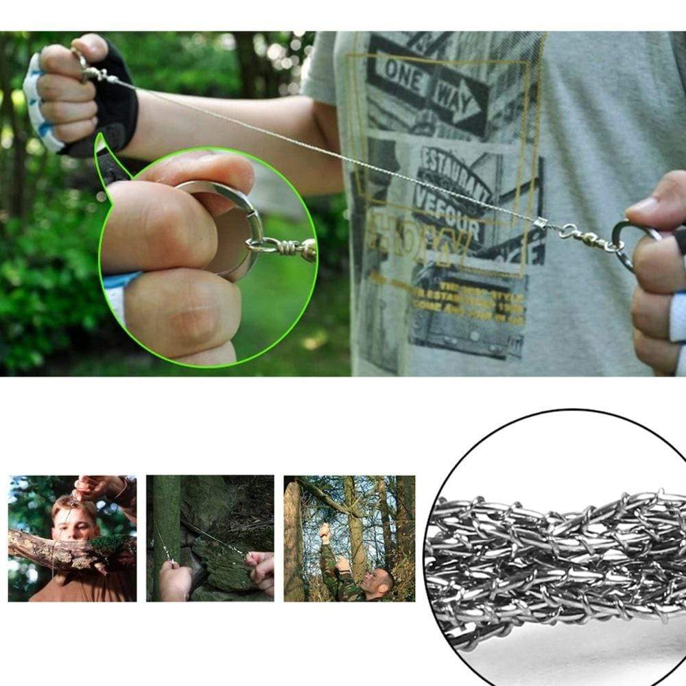 Wire saw being pulled through a branch, with close-ups of the twisted saw wire