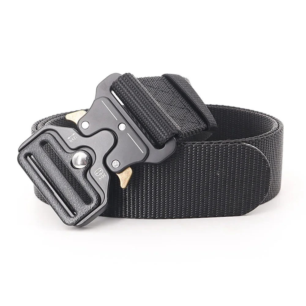 Black woven webbing belt with a black metal quick-release buckle and brass-coloured side tabs