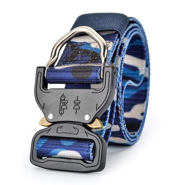 Blue camouflage webbing belt with a black metal quick-release buckle and a silver D-ring