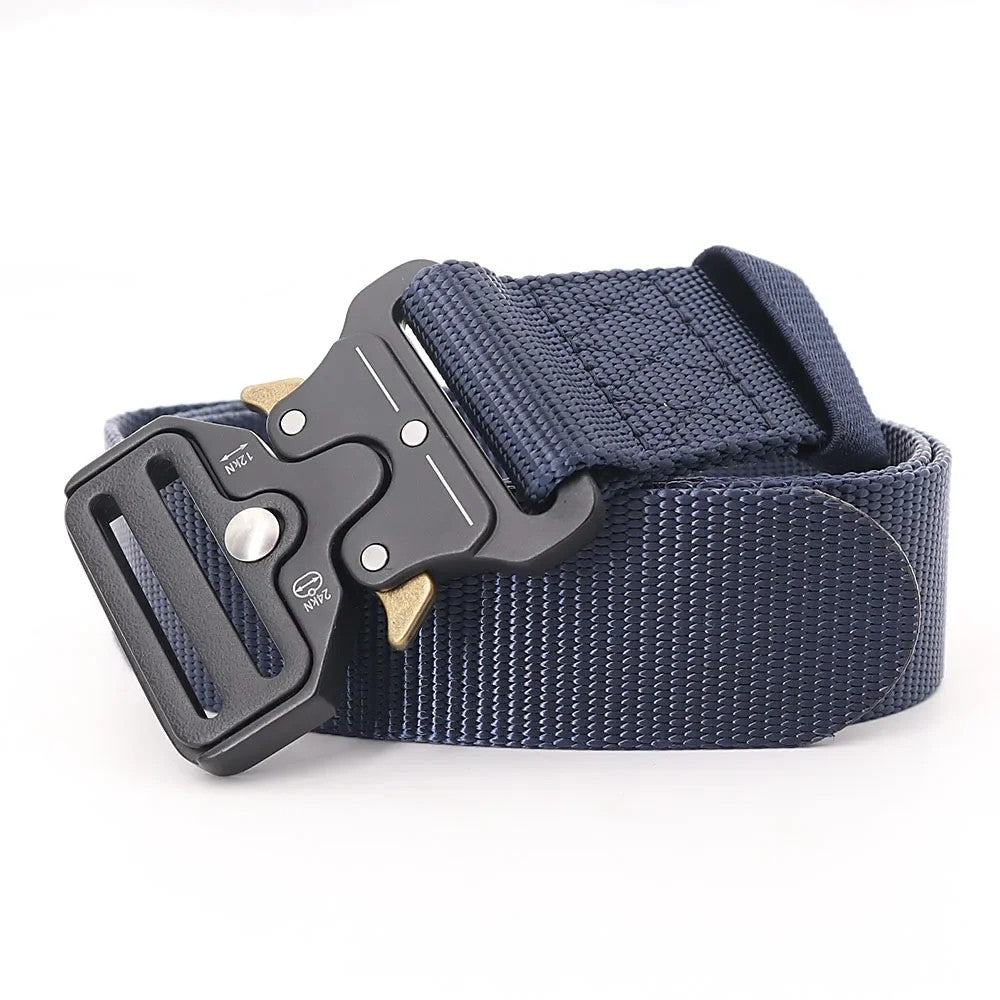 Navy blue woven webbing belt with a black metal quick-release buckle
