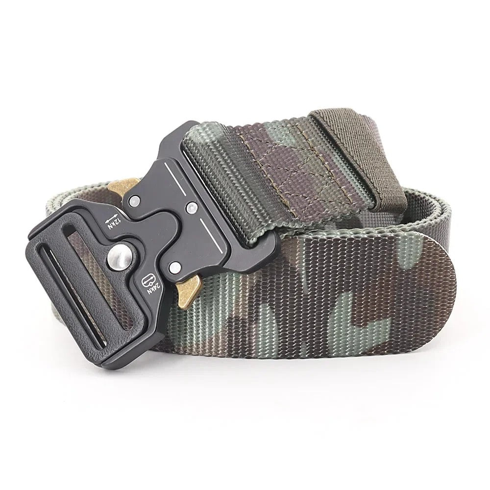 Green camouflage woven webbing belt with a black metal quick-release buckle