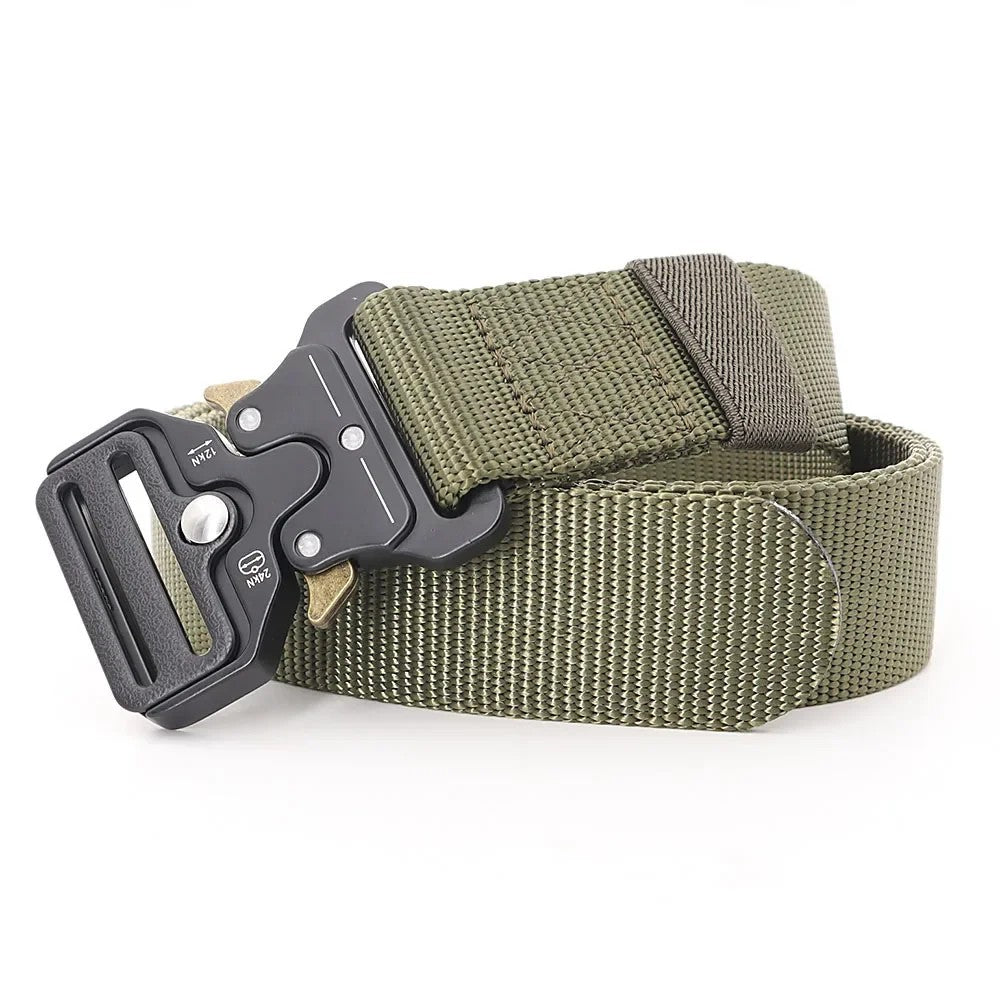 Army green woven webbing belt with a black metal quick-release buckle