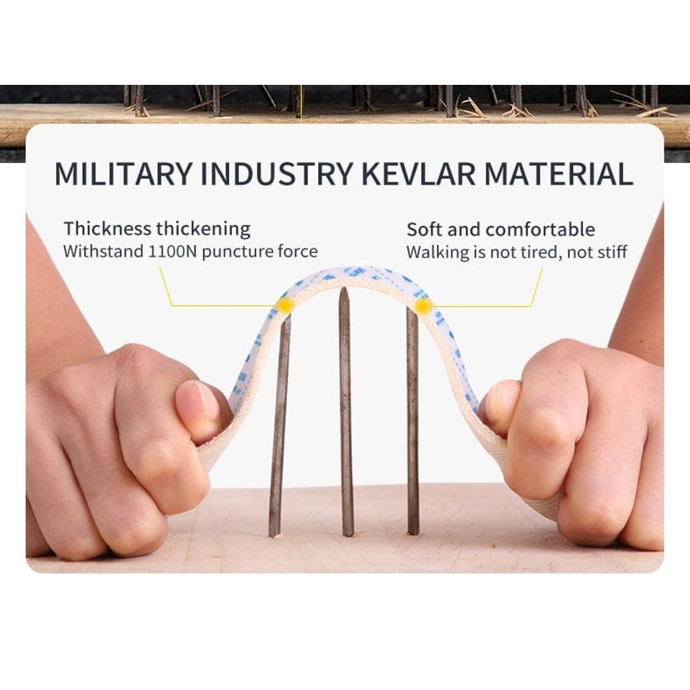 Hands flexing the woven anti-puncture midsole plate above three upright nails