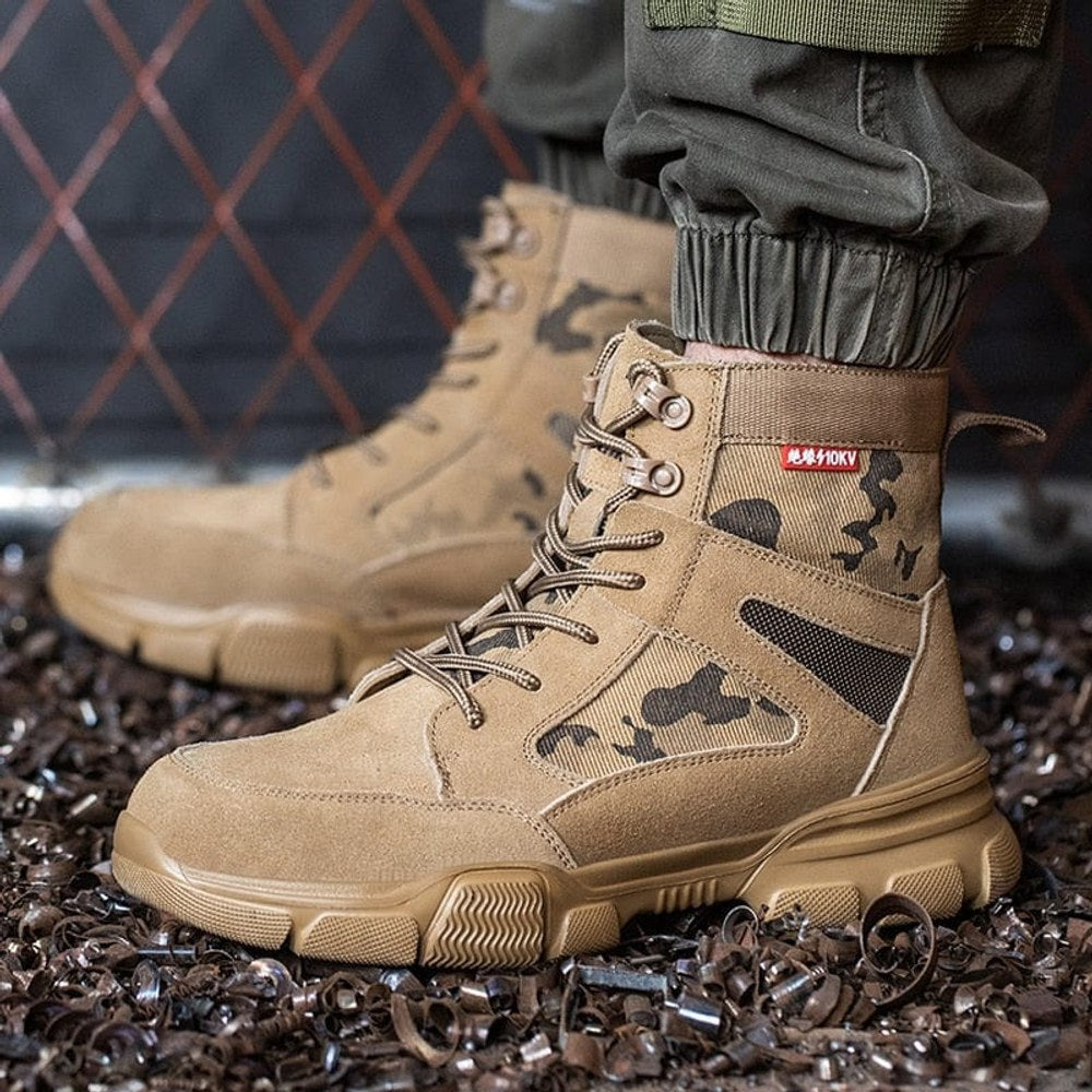 Boots worn standing in a pile of metal swarf in front of a wire fence