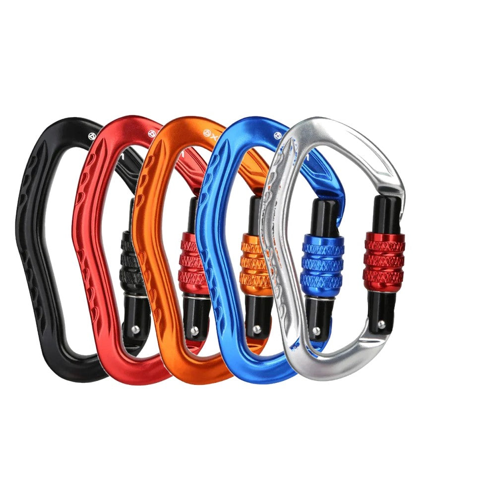Five XINDA screw-lock carabiners in black, red, orange, blue and silver, the 5-pack option