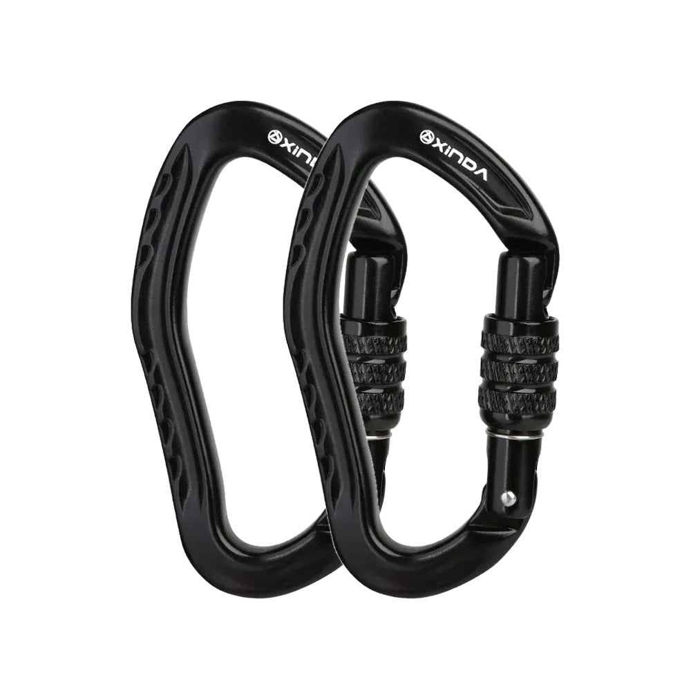 Two black XINDA pear-shaped screw-lock carabiners side by side, the 2-pack option