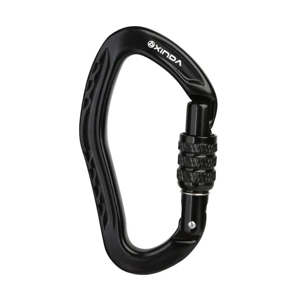 Black XINDA pear-shaped carabiner with a black knurled screw-lock barrel over the gate