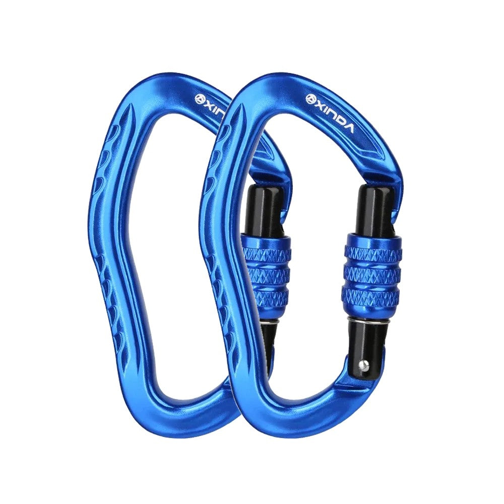 Two blue XINDA pear-shaped screw-lock carabiners side by side, the 2-pack option