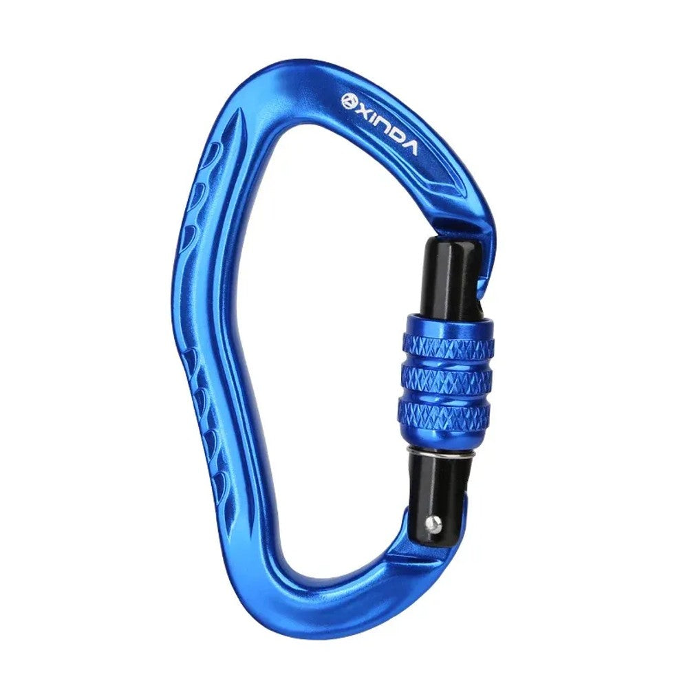 Blue XINDA pear-shaped carabiner with a blue knurled screw-lock barrel and black gate