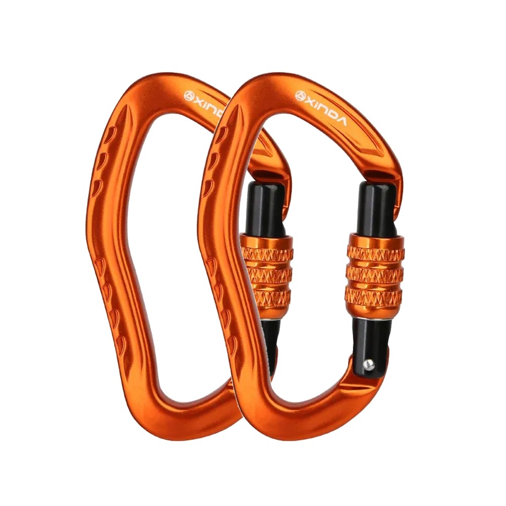 Two orange XINDA pear-shaped screw-lock carabiners side by side, the 2-pack option