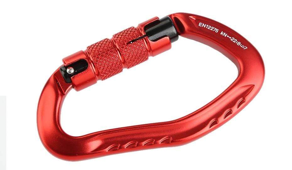 Red carabiner lying flat, sleeve and gate uppermost, spine grooves visible