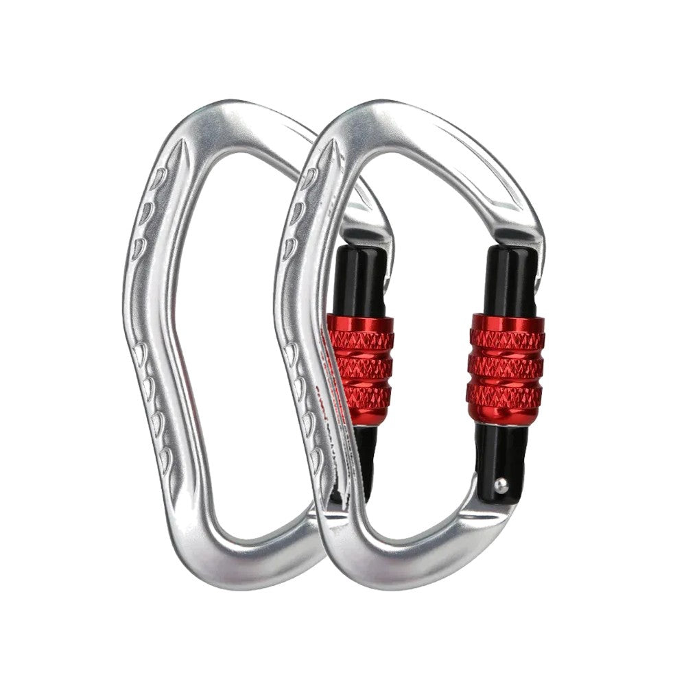 Two silver XINDA pear-shaped carabiners with red screw-lock barrels, the 2-pack option