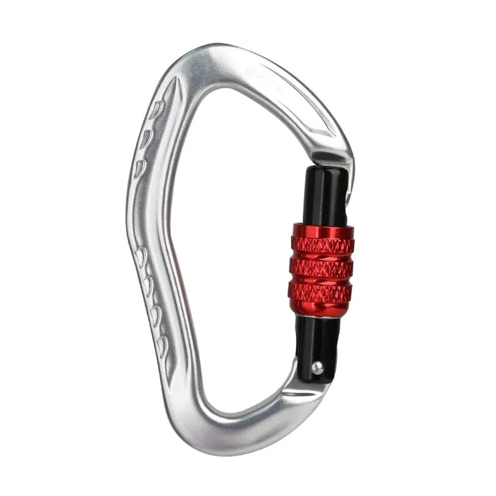 Silver XINDA pear-shaped carabiner with a red knurled screw-lock barrel and black gate