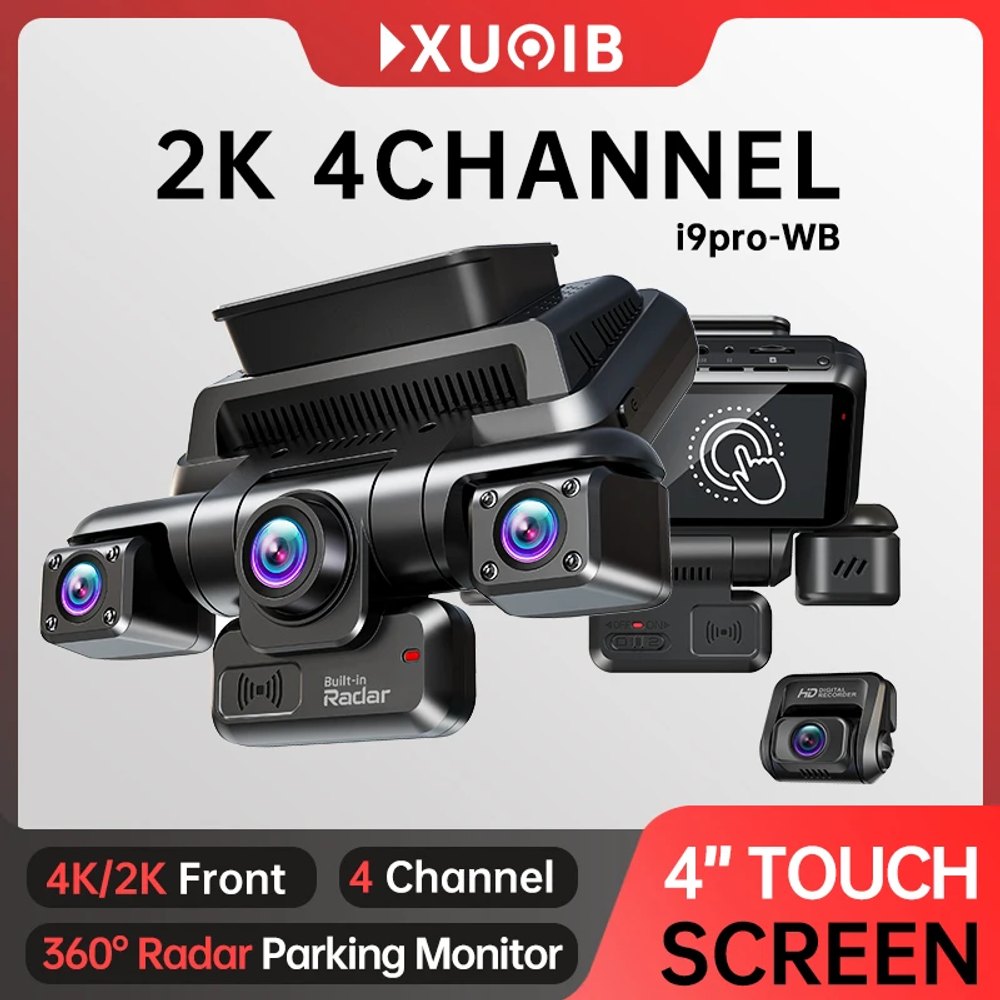 XUOIB i9pro-WB dash cam main unit with front, left and right lenses, the radar module and the separate rear camera