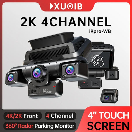 XUOIB i9pro-WB dash cam main unit with front, left and right lenses, the radar module and the separate rear camera