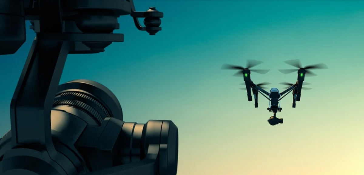 A camera drone flying against a dusk sky beside a close-up of a gimbal camera