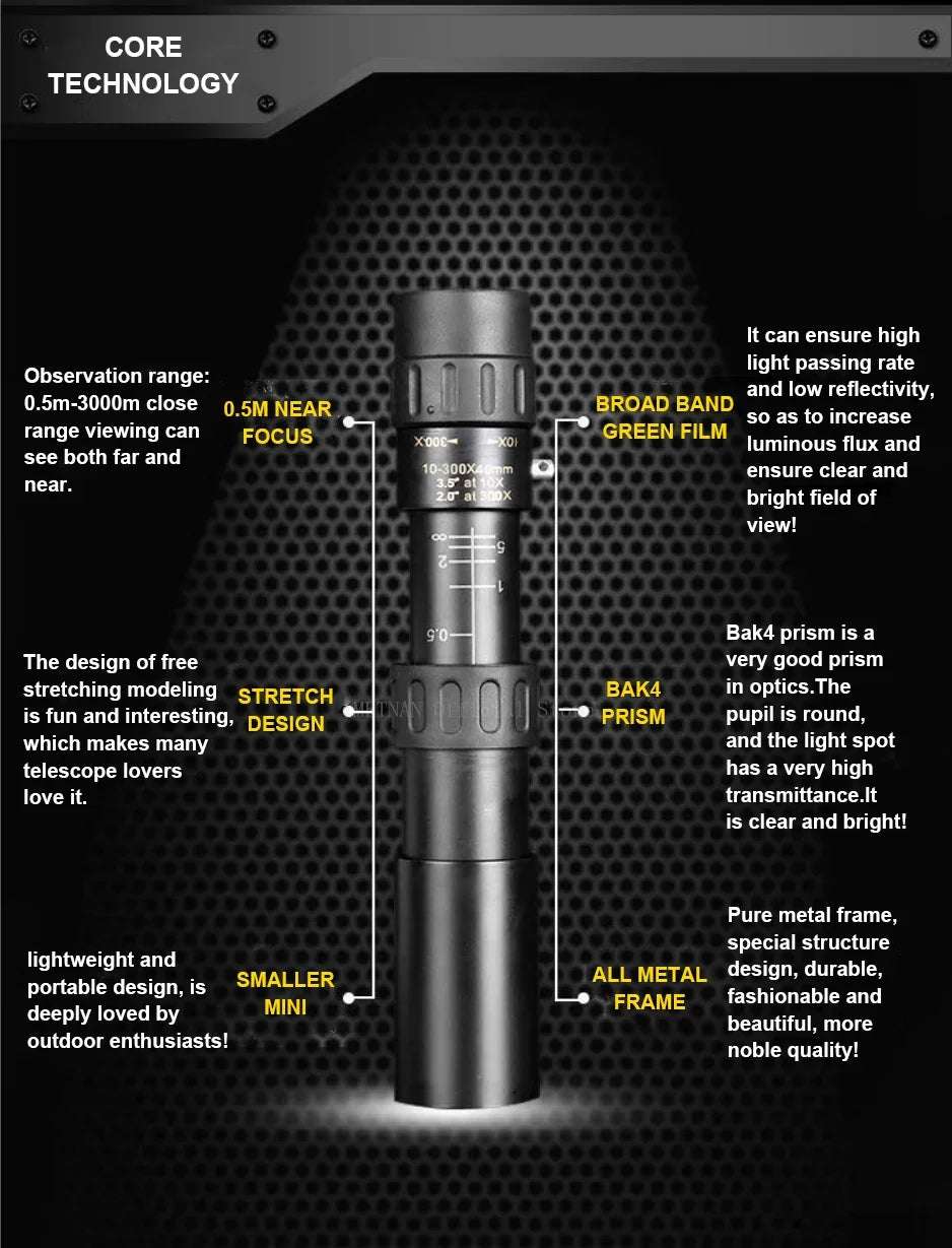 10-300X Phone adaptable Portable Metal Monocular Optics  