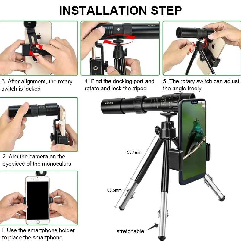 10-300X Phone adaptable Portable Metal Monocular Optics  BushLine