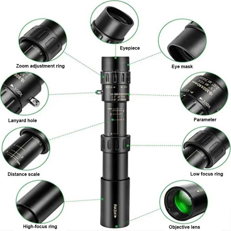 10-300X Phone adaptable Portable Metal Monocular Optics  BushLine