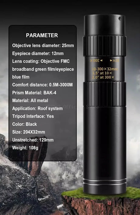 10-300X Phone adaptable Portable Metal Monocular HD 4K Optics  