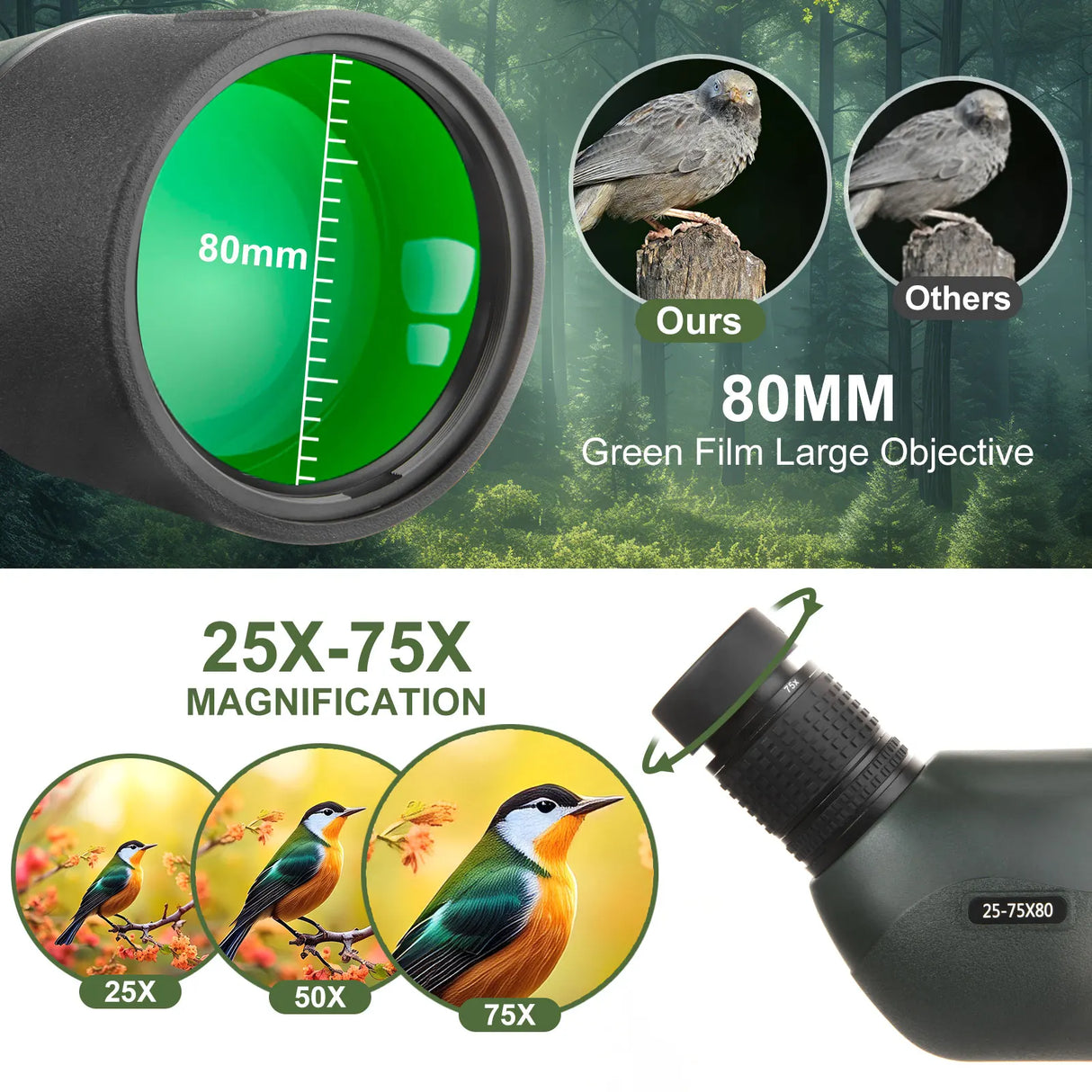 25-75x80 Spotting Monocular With Phone Adapter  & Tripod monocular  BushLine
