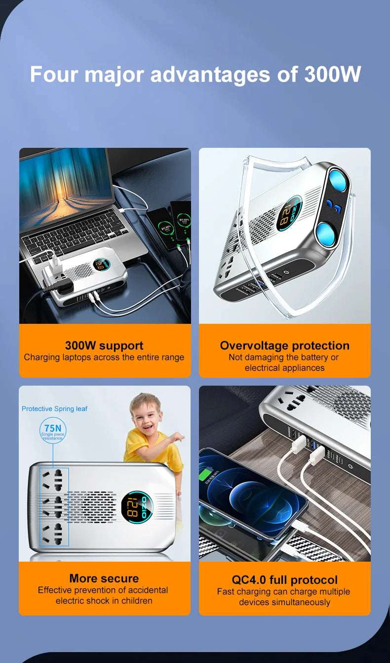 300W Car Power Inverter Adaptor Multifunctional 12/24V   BushLine