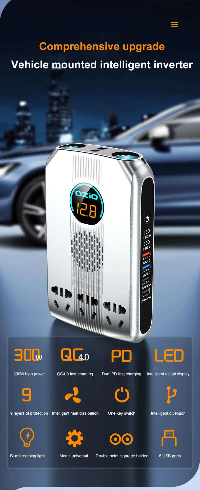 300W Car Power Inverter Adaptor Multifunctional 12/24V   BushLine