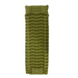 Green inflatable camping mattress laid flat on white, built-in pillow at the head and foot pump with valve at the end