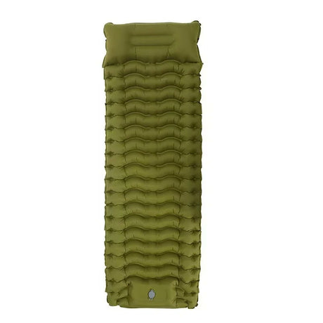 Green inflatable camping mattress laid flat on white, built-in pillow at the head and foot pump with valve at the end
