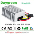 Silver finned converter with flying leads and a moulded two-pin connector; banner reads 36V/48V to 12V 30A 360W.