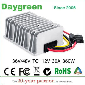 Silver finned converter with flying leads and a moulded two-pin connector; banner reads 36V/48V to 12V 30A 360W.