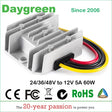 Small silver finned converter with four short flying leads; banner text reads 24/36/48V to 12V 5A 60W.