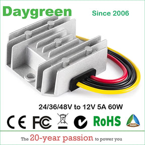 Small silver finned converter with four short flying leads; banner text reads 24/36/48V to 12V 5A 60W.