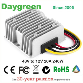 Silver finned converter with four flying leads coiled to one side; banner text reads 48V to 12V 20A 240W.