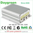 Silver finned converter showing the INPUT, GND and OUTPUT terminal panel; banner text reads 36V 48V to 12V 60A 720W.