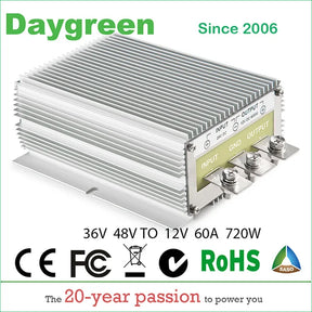 Silver finned converter showing the INPUT, GND and OUTPUT terminal panel; banner text reads 36V 48V to 12V 60A 720W.