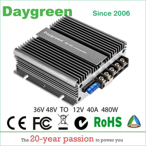 Black finned Daygreen converter on white, mounting flanges each end; banner reads 36V 48V to 12V 40A 480W.