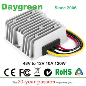 Compact silver finned converter with red, black, white and yellow leads; banner reads 48V to 12V 10A 120W.