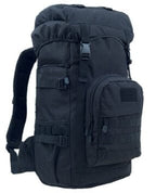 Small view of the plain black pack, front pocket and webbing rows