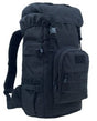 Small view of the plain black pack, front pocket and webbing rows