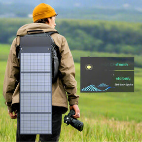 Hiker with a camera, the folded panel strapped down the back of a pack in open grassland