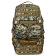 Woodland digital colourway, angled view with tan webbing and a front patch panel